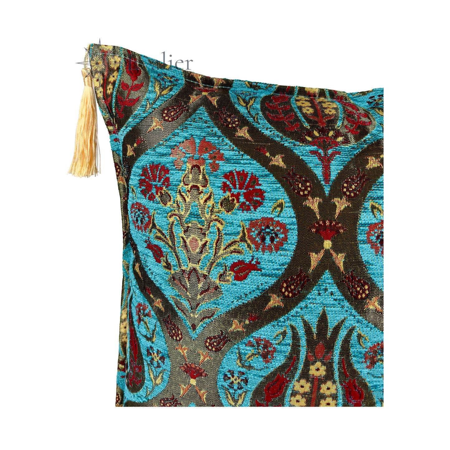 Turquoise pillow cover – close-up corner detail, Royal Garden woven cushion cover showing fabric texture, ornamental woven pattern, and tassel detail (45 × 45 cm / 18 × 18 in)
