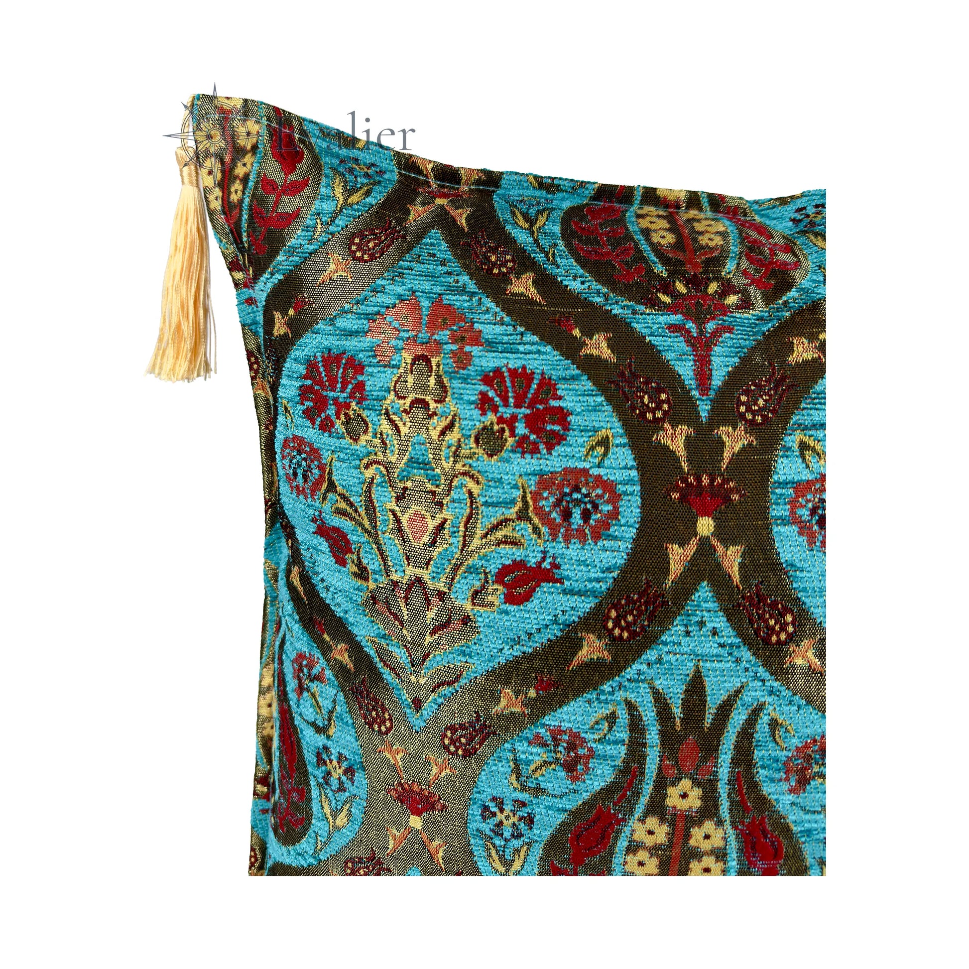 Turquoise pillow cover – close-up corner detail, Royal Garden woven cushion cover showing fabric texture, ornamental woven pattern, and tassel detail (45 × 45 cm / 18 × 18 in)