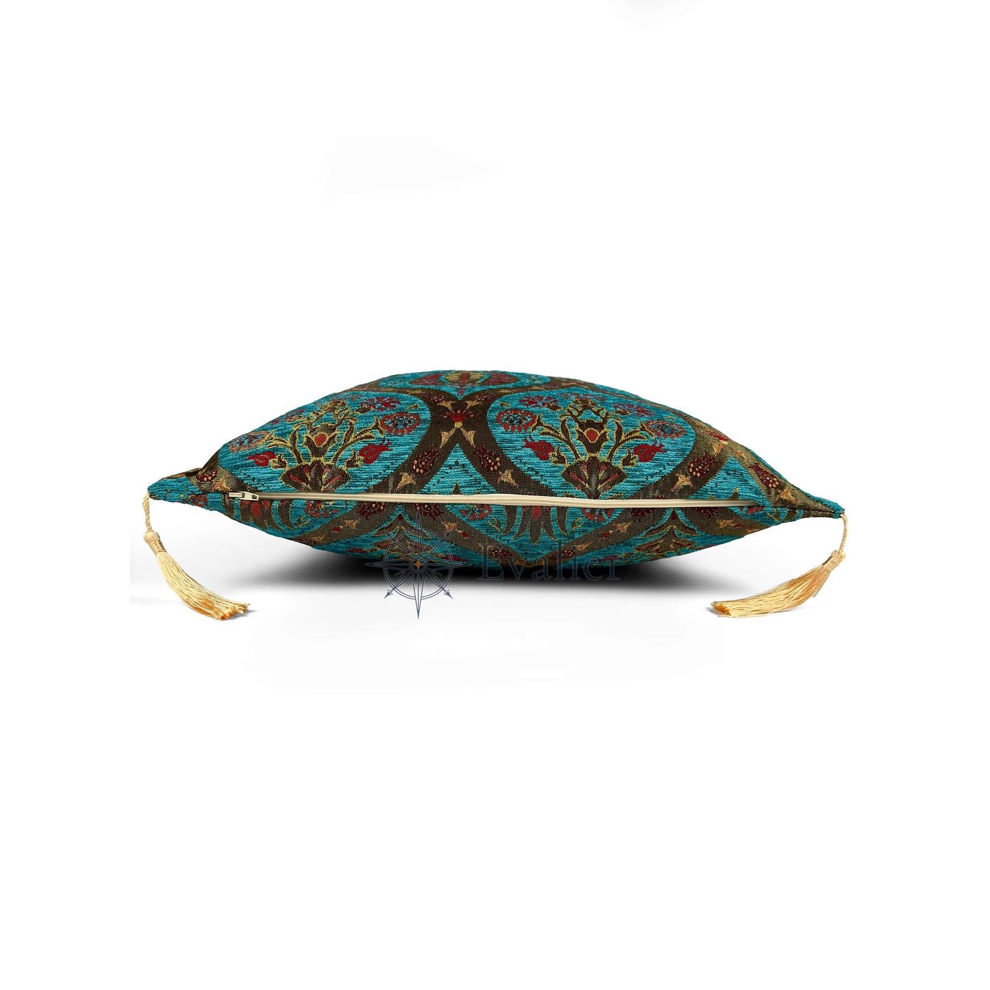 Turquoise pillow cover – side profile with hidden zipper, Royal Garden woven decorative cushion cover showing closure detail, tailored construction, and corner tassels (45 × 45 cm / 18 × 18 in)