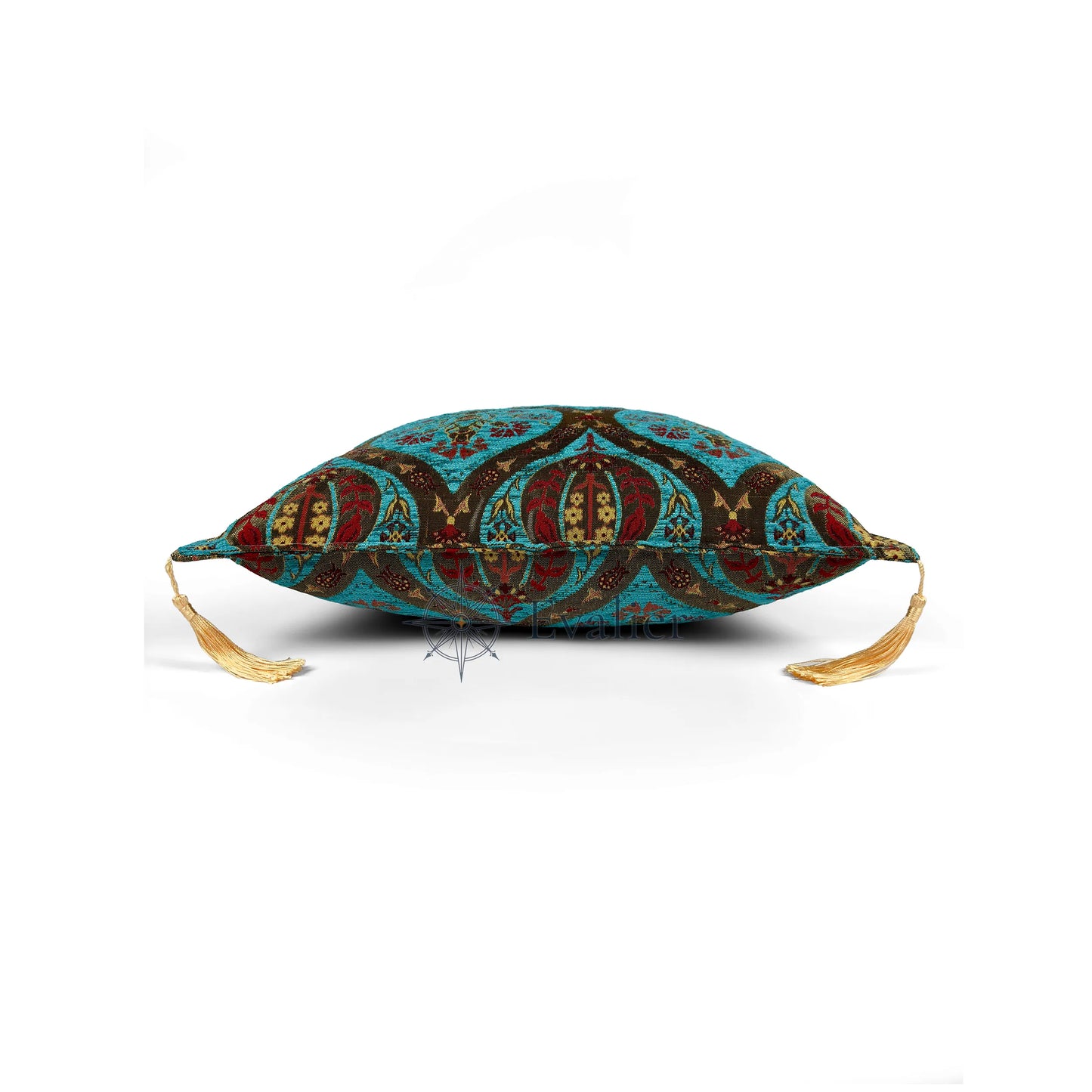 Turquoise pillow cover – side profile view, Royal Garden woven decorative cushion cover showing thickness, structured silhouette, and refined shape (45 × 45 cm / 18 × 18 in)