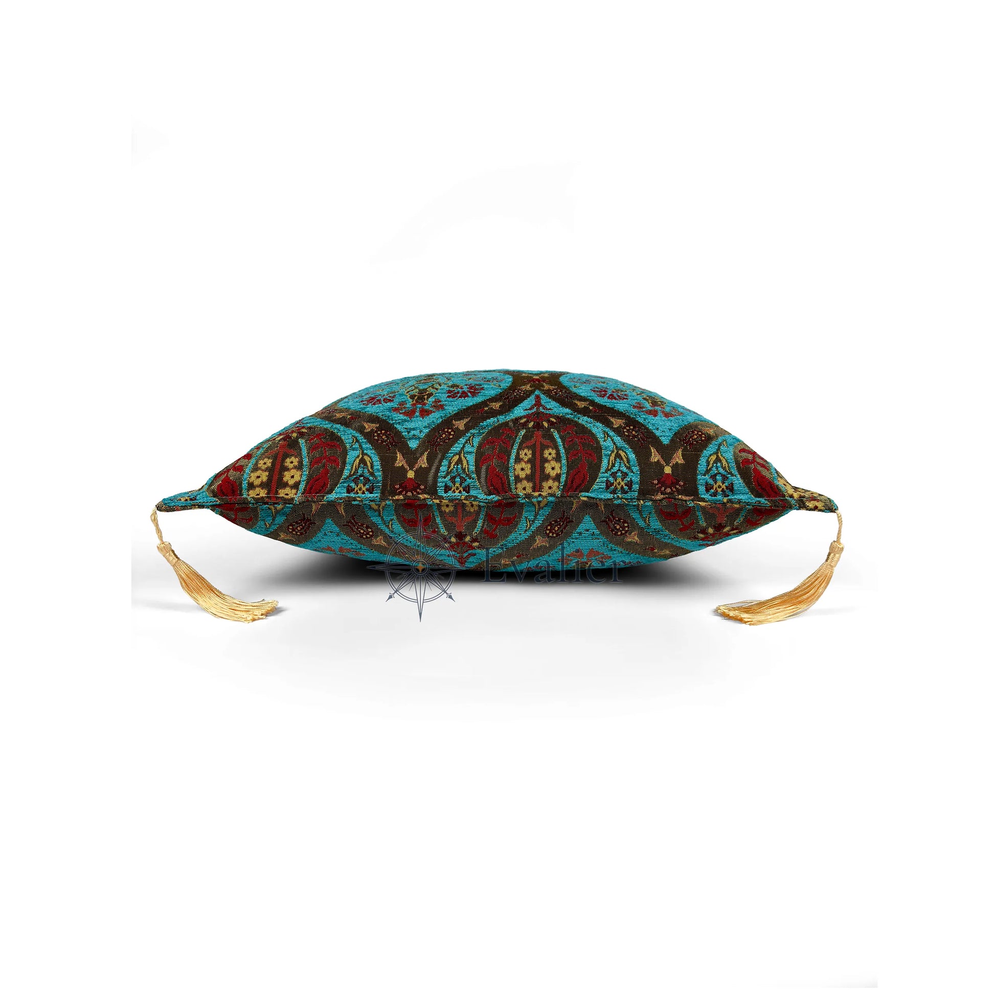 Turquoise pillow cover – side profile view, Royal Garden woven decorative cushion cover showing thickness, structured silhouette, and refined shape (45 × 45 cm / 18 × 18 in)
