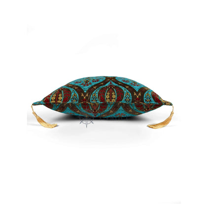 Turquoise pillow cover – side profile view, Royal Garden woven decorative cushion cover showing thickness, structured silhouette, and refined shape (45 × 45 cm / 18 × 18 in)