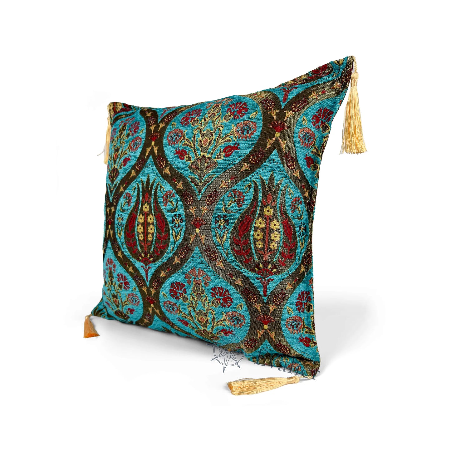 Turquoise pillow cover – angled front view, Royal Garden woven decorative cushion cover highlighting the ornamental motif, textured fabric, and elegant corner tassels (45 × 45 cm / 18 × 18 in)
