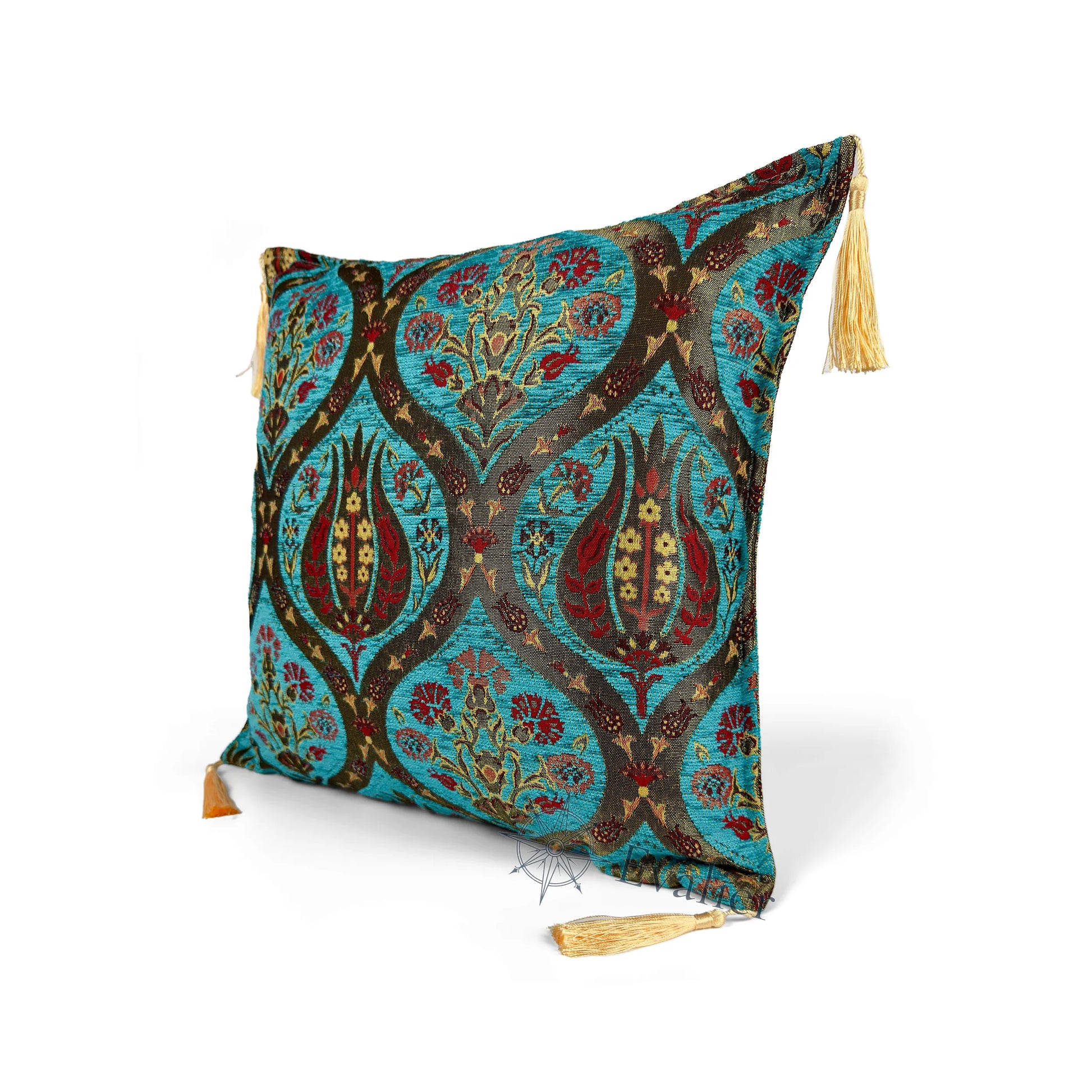 Turquoise pillow cover – angled front view, Royal Garden woven decorative cushion cover highlighting the ornamental motif, textured fabric, and elegant corner tassels (45 × 45 cm / 18 × 18 in)