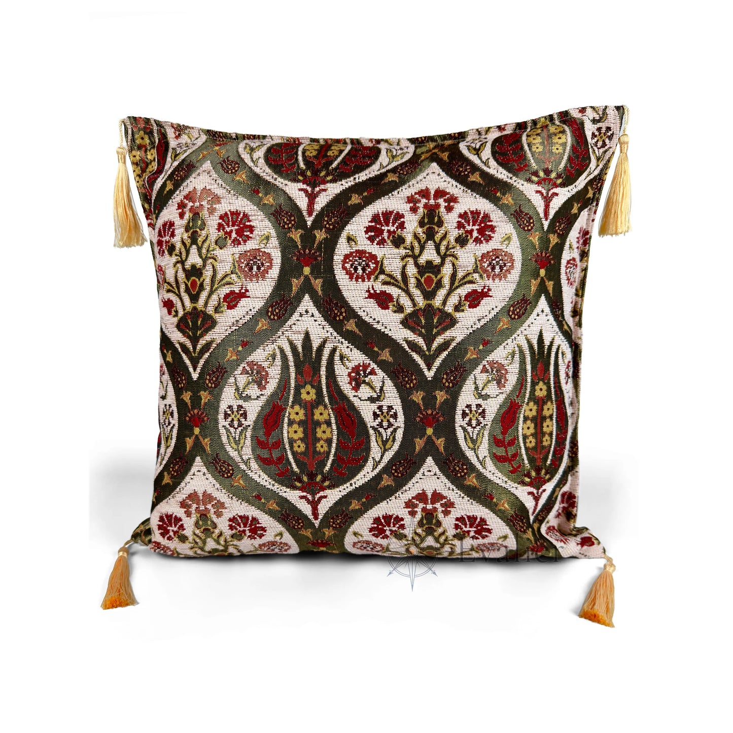 Ivory pillow cover – front view, Royal Garden woven decorative cushion cover with ornamental motif and corner tassels (45 × 45 cm / 18 × 18 in)