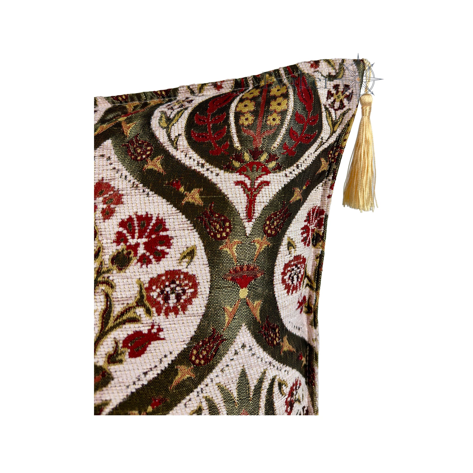 Ivory pillow cover – close-up corner detail, Royal Garden woven cushion cover showing fabric texture, ornamental woven pattern, and tassel detail (45 × 45 cm / 18 × 18 in)