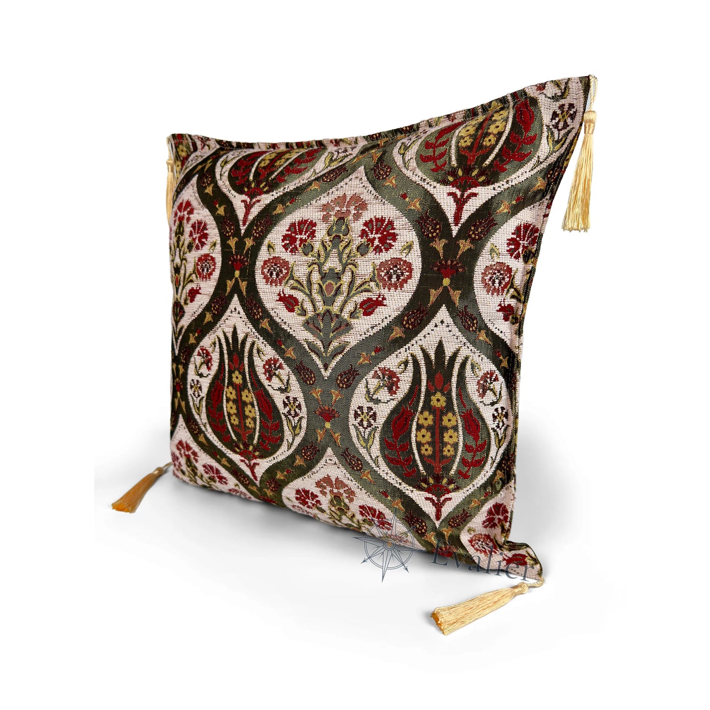 Ivory pillow cover – angled front view, Royal Garden woven decorative cushion cover highlighting the ornamental motif, textured fabric, and elegant corner tassels (45 × 45 cm / 18 × 18 in)