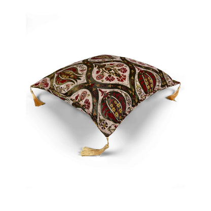 Ivory pillow cover – top angled view, Royal Garden woven decorative cushion cover showing overall shape, dimensional form, and ornamental woven design (45 × 45 cm / 18 × 18 in)