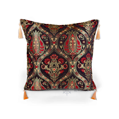 Midnight pillow cover – front view, Royal Garden woven decorative cushion cover with ornamental motif and corner tassels (45 × 45 cm / 18 × 18 in)