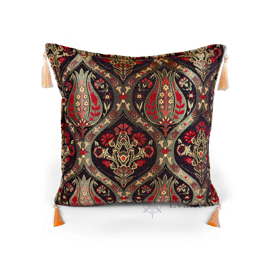 Midnight pillow cover – front view, Royal Garden woven decorative cushion cover with ornamental motif and corner tassels (45 × 45 cm / 18 × 18 in)