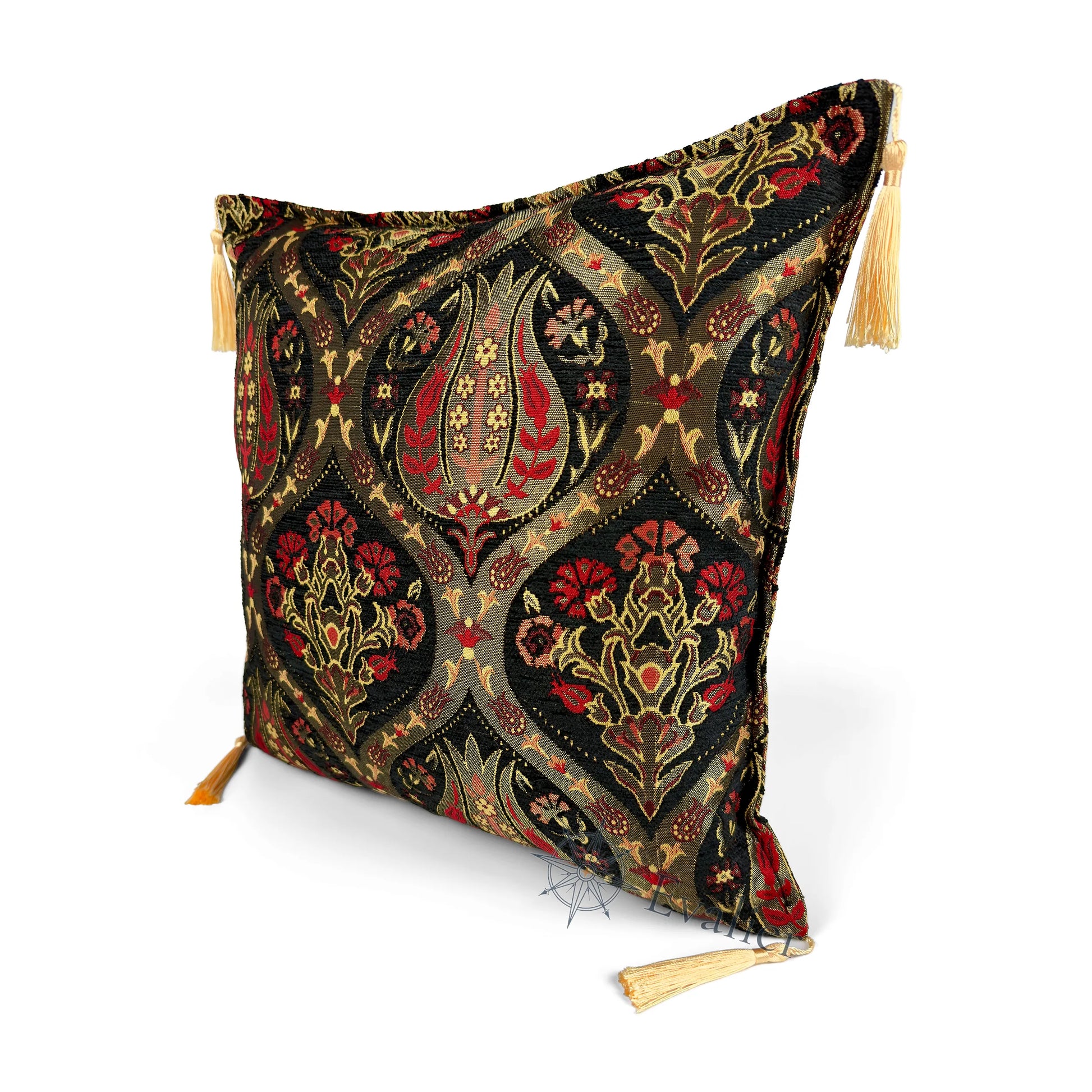Midnight pillow cover – angled front view, Royal Garden woven decorative cushion cover highlighting the ornamental motif, textured fabric, and elegant corner tassels (45 × 45 cm / 18 × 18 in)