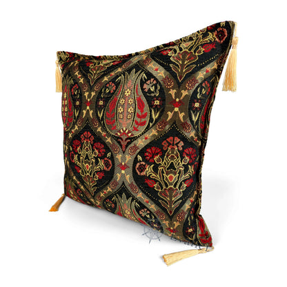 Midnight pillow cover – angled front view, Royal Garden woven decorative cushion cover highlighting the ornamental motif, textured fabric, and elegant corner tassels (45 × 45 cm / 18 × 18 in)