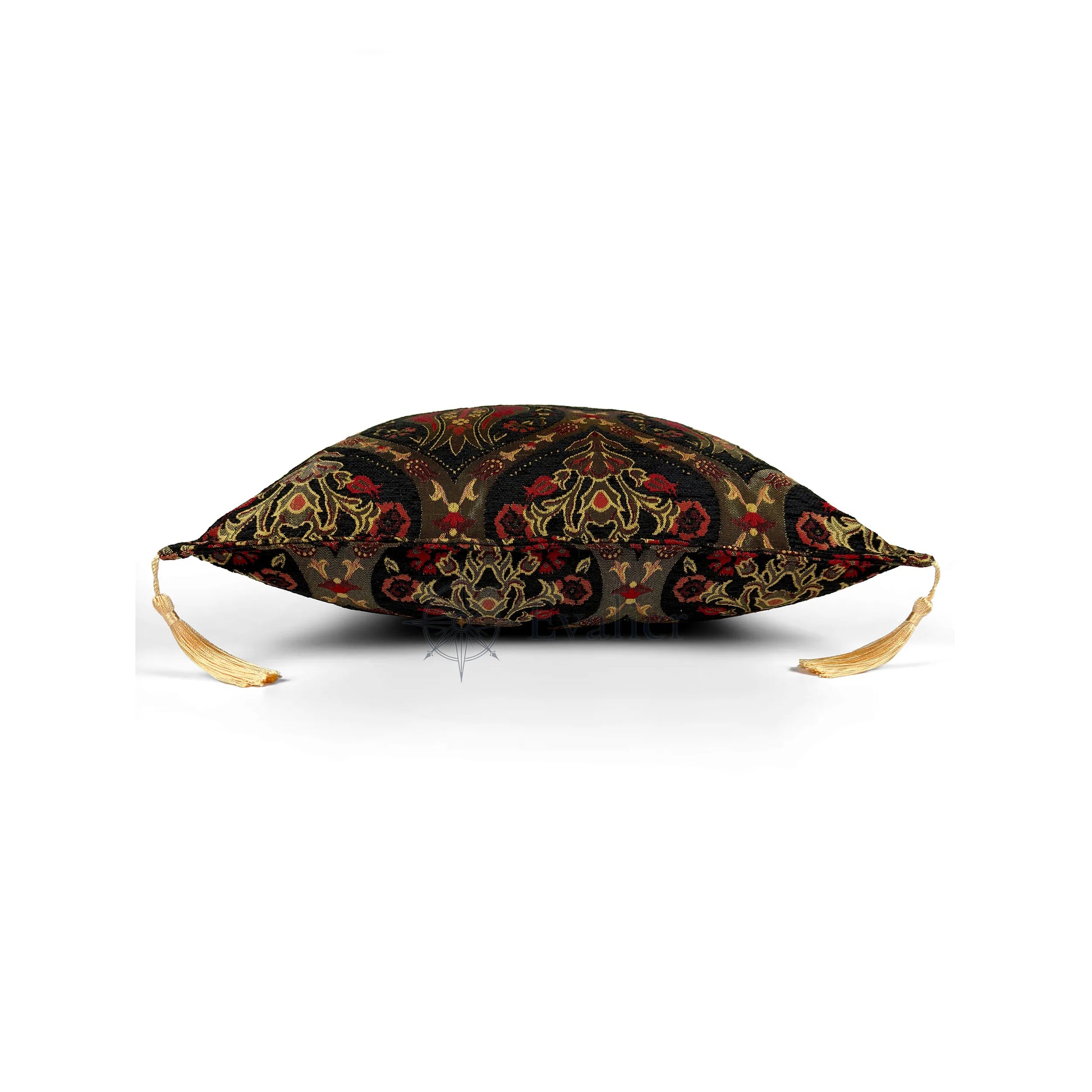 Midnight pillow cover – side profile view, Royal Garden woven decorative cushion cover showing thickness, structured silhouette, and refined shape (45 × 45 cm / 18 × 18 in)