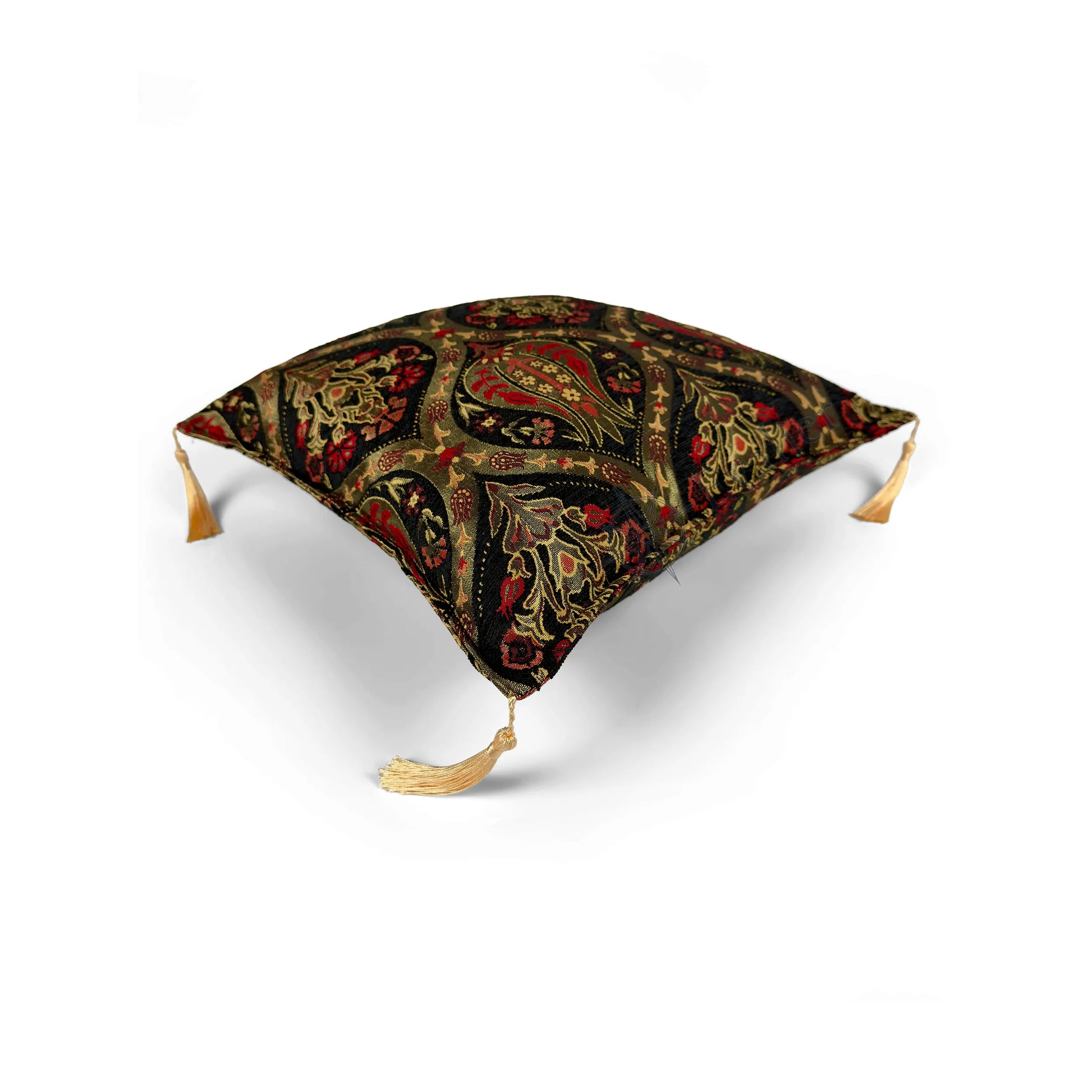 Midnight pillow cover – top angled view, Royal Garden woven decorative cushion cover showing overall shape, dimensional form, and ornamental woven design (45 × 45 cm / 18 × 18 in)