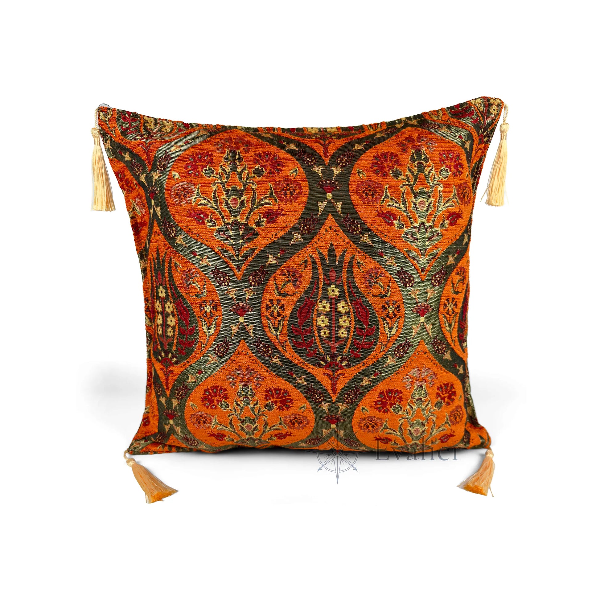 Amber pillow cover – front view, Royal Garden woven decorative cushion cover with ornamental motif and corner tassels (45 × 45 cm / 18 × 18 in)