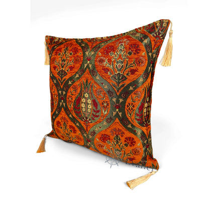 Amber pillow cover – angled front view, Royal Garden woven decorative cushion cover highlighting the ornamental motif, textured fabric, and elegant corner tassels (45 × 45 cm / 18 × 18 in)