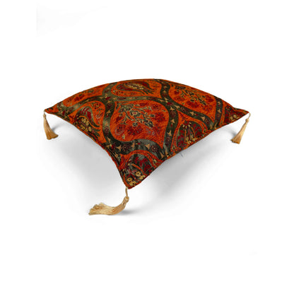 Amber pillow cover – top angled view, Royal Garden woven decorative cushion cover showing overall shape, dimensional form, and ornamental woven design (45 × 45 cm / 18 × 18 in)