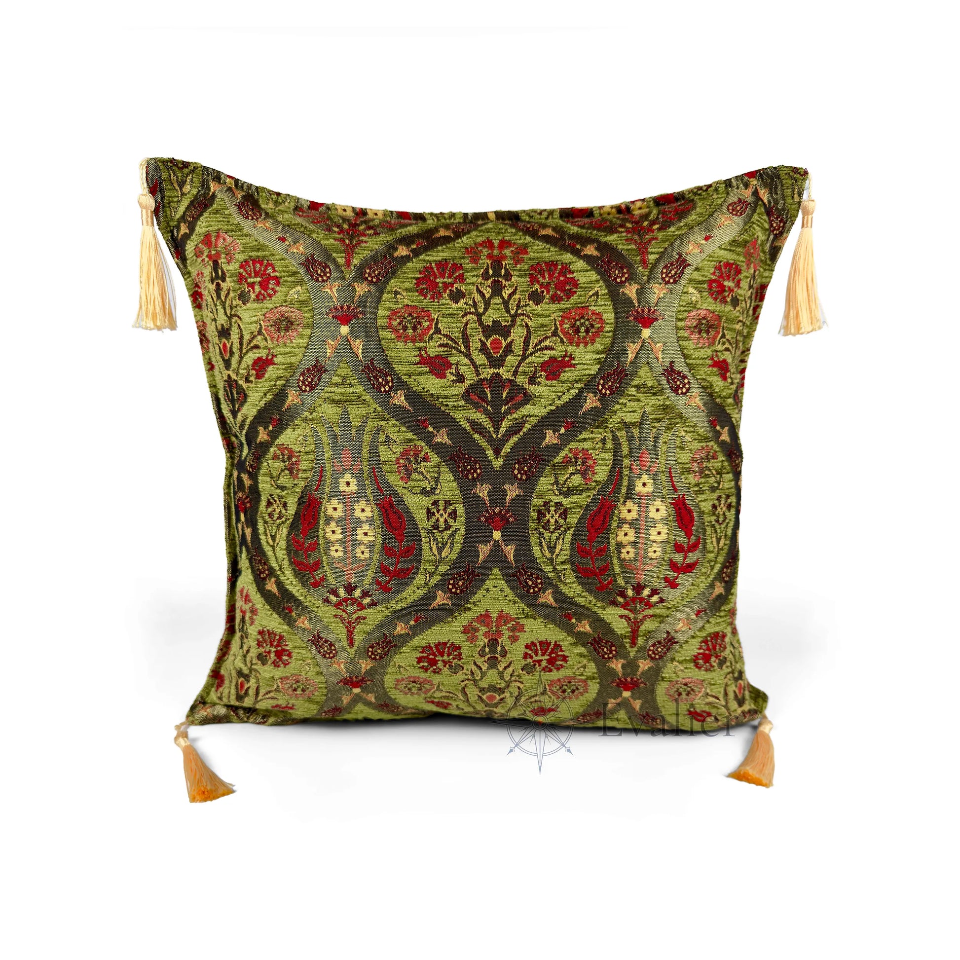 Olive pillow cover – front view, Royal Garden woven decorative cushion cover with ornamental motif and corner tassels (45 × 45 cm / 18 × 18 in)