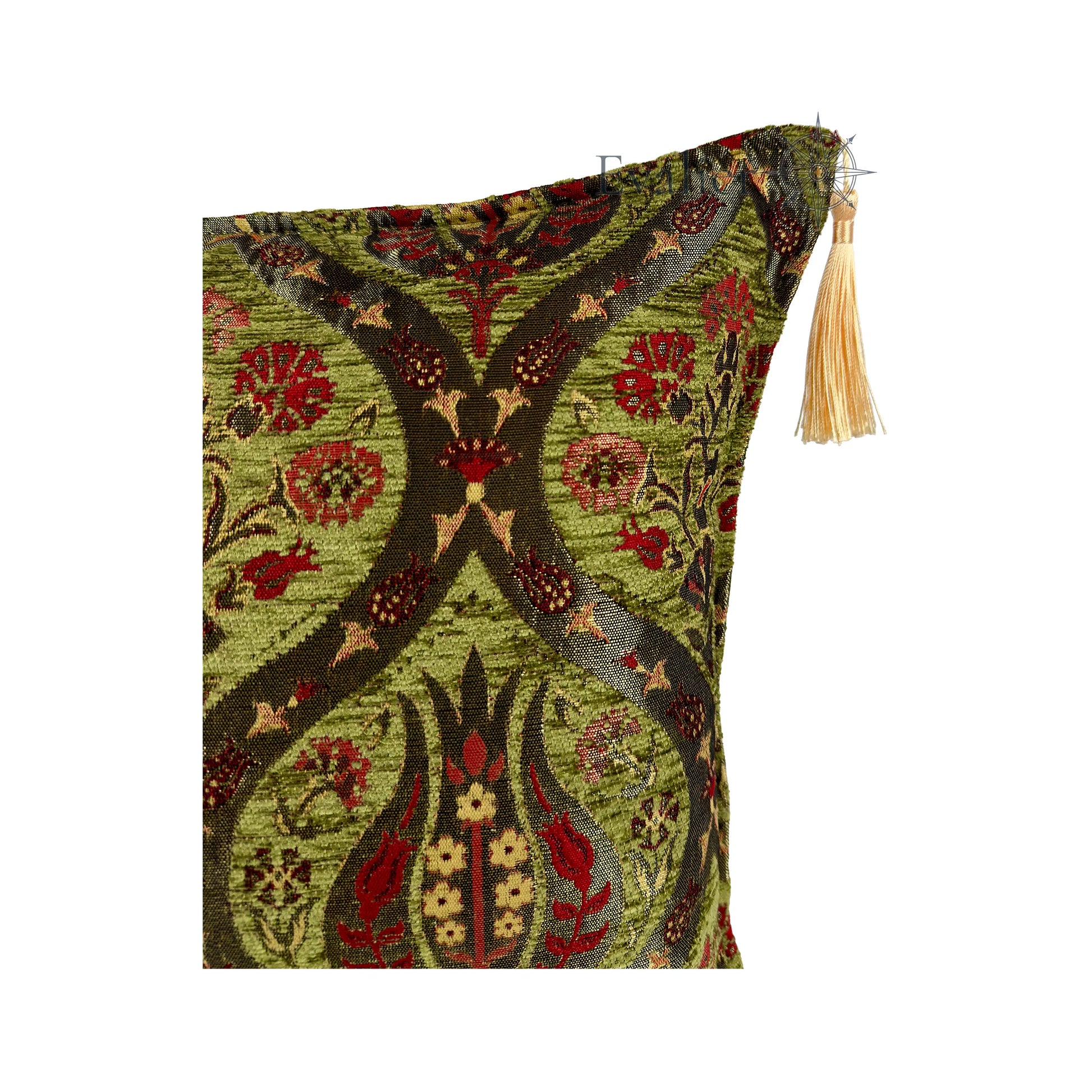 Olive pillow cover – close-up corner detail, Royal Garden woven cushion cover showing fabric texture, ornamental woven pattern, and tassel detail (45 × 45 cm / 18 × 18 in)