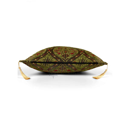 Olive pillow cover – side profile with hidden zipper, Royal Garden woven decorative cushion cover showing closure detail, tailored construction, and corner tassels (45 × 45 cm / 18 × 18 in)