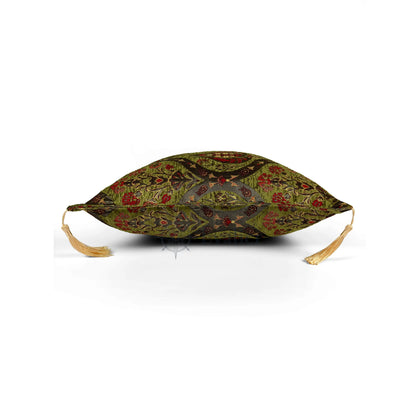 Olive pillow cover – side profile view, Royal Garden woven decorative cushion cover showing thickness, structured silhouette, and refined shape (45 × 45 cm / 18 × 18 in)