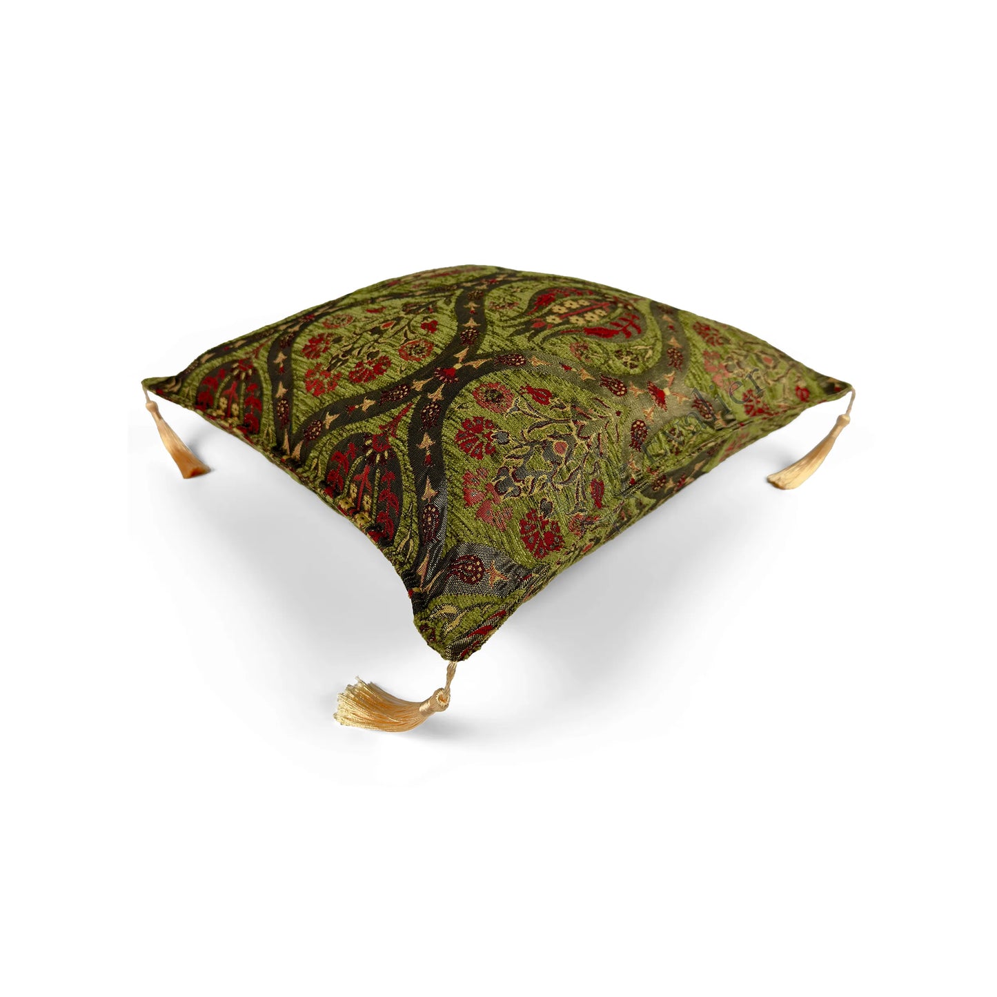 Olive pillow cover – top angled view, Royal Garden woven decorative cushion cover showing overall shape, dimensional form, and ornamental woven design (45 × 45 cm / 18 × 18 in)