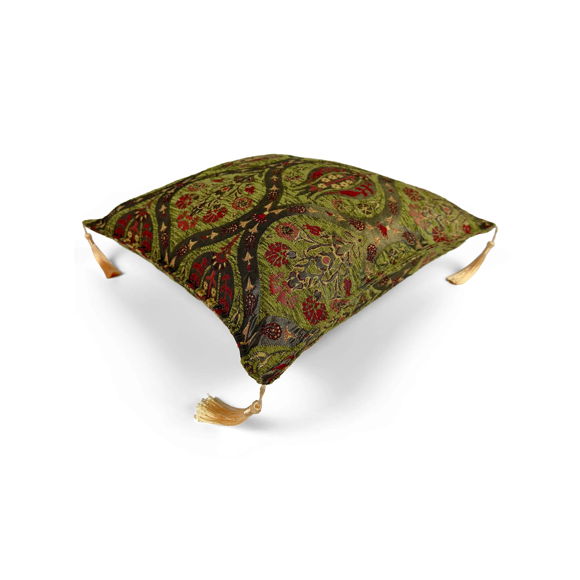 Olive pillow cover – top angled view, Royal Garden woven decorative cushion cover showing overall shape, dimensional form, and ornamental woven design (45 × 45 cm / 18 × 18 in)
