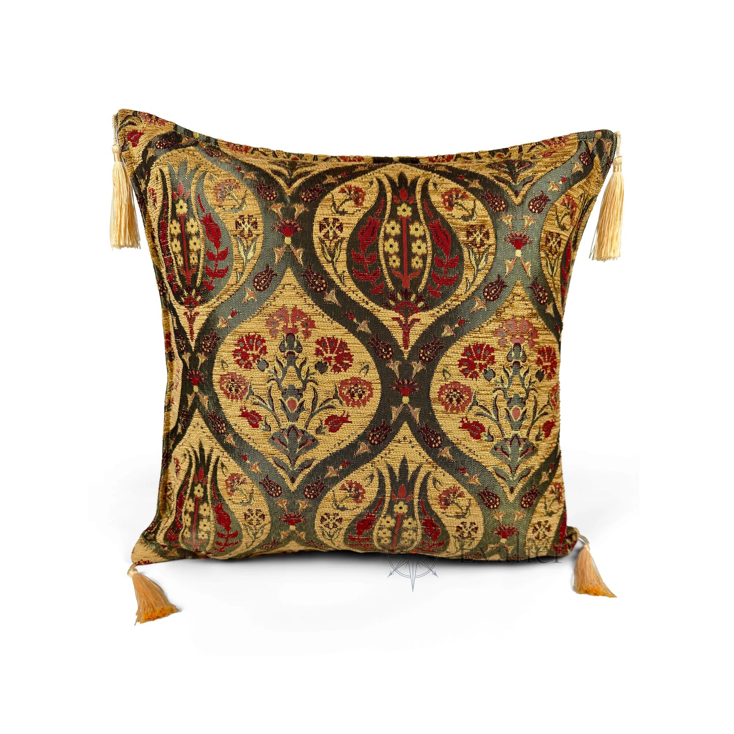 Saffron pillow cover – front view, Royal Garden woven decorative cushion cover with ornamental motif and corner tassels (45 × 45 cm / 18 × 18 in)