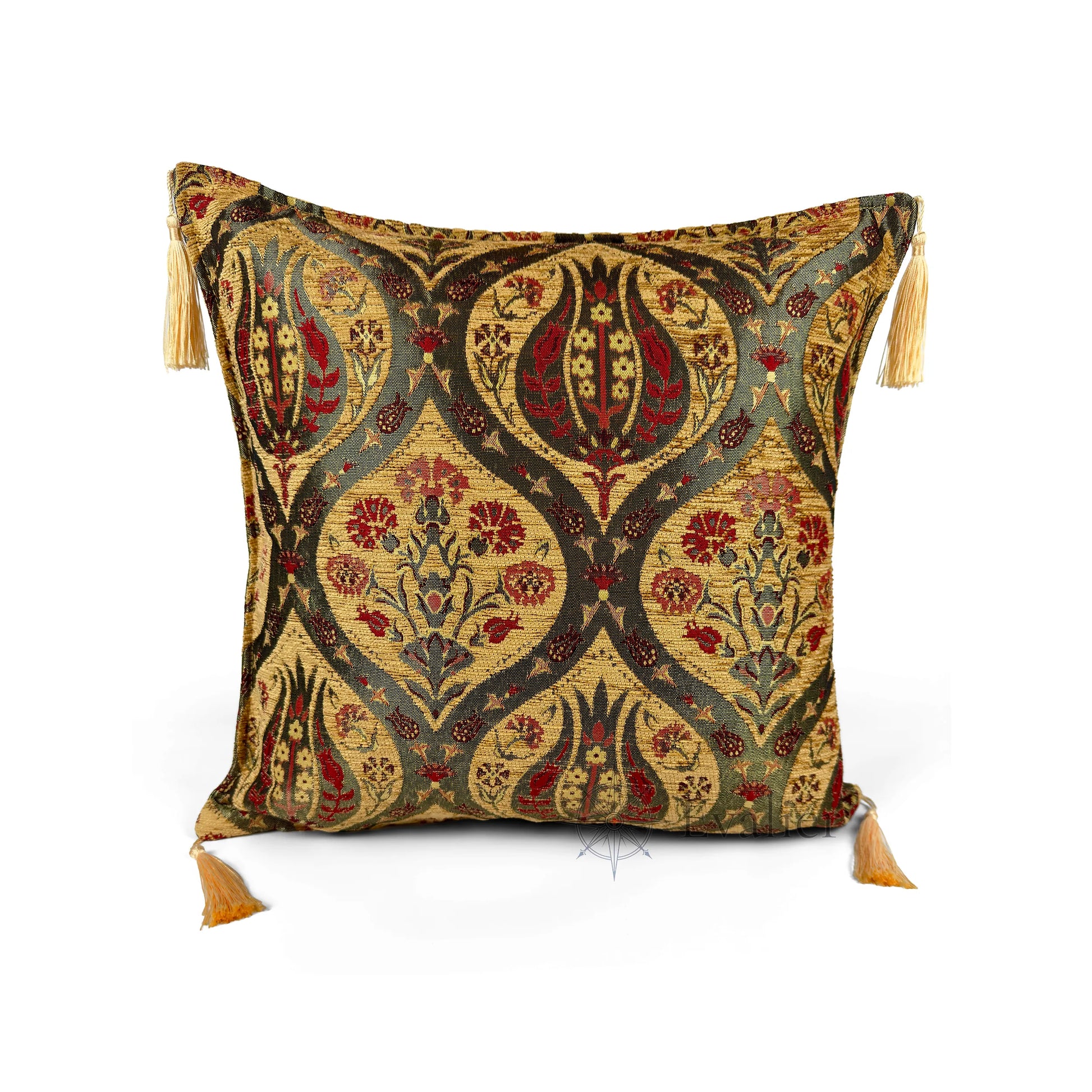 Saffron pillow cover – front view, Royal Garden woven decorative cushion cover with ornamental motif and corner tassels (45 × 45 cm / 18 × 18 in)