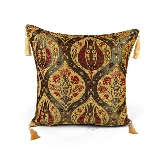 Saffron pillow cover – front view, Royal Garden woven decorative cushion cover with ornamental motif and corner tassels (45 × 45 cm / 18 × 18 in)