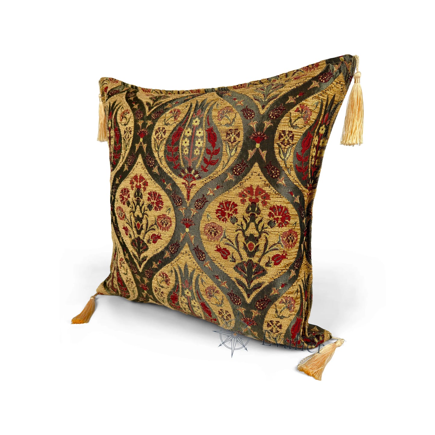 Saffron pillow cover – angled front view, Royal Garden woven decorative cushion cover highlighting the ornamental motif, textured fabric, and elegant corner tassels (45 × 45 cm / 18 × 18 in)