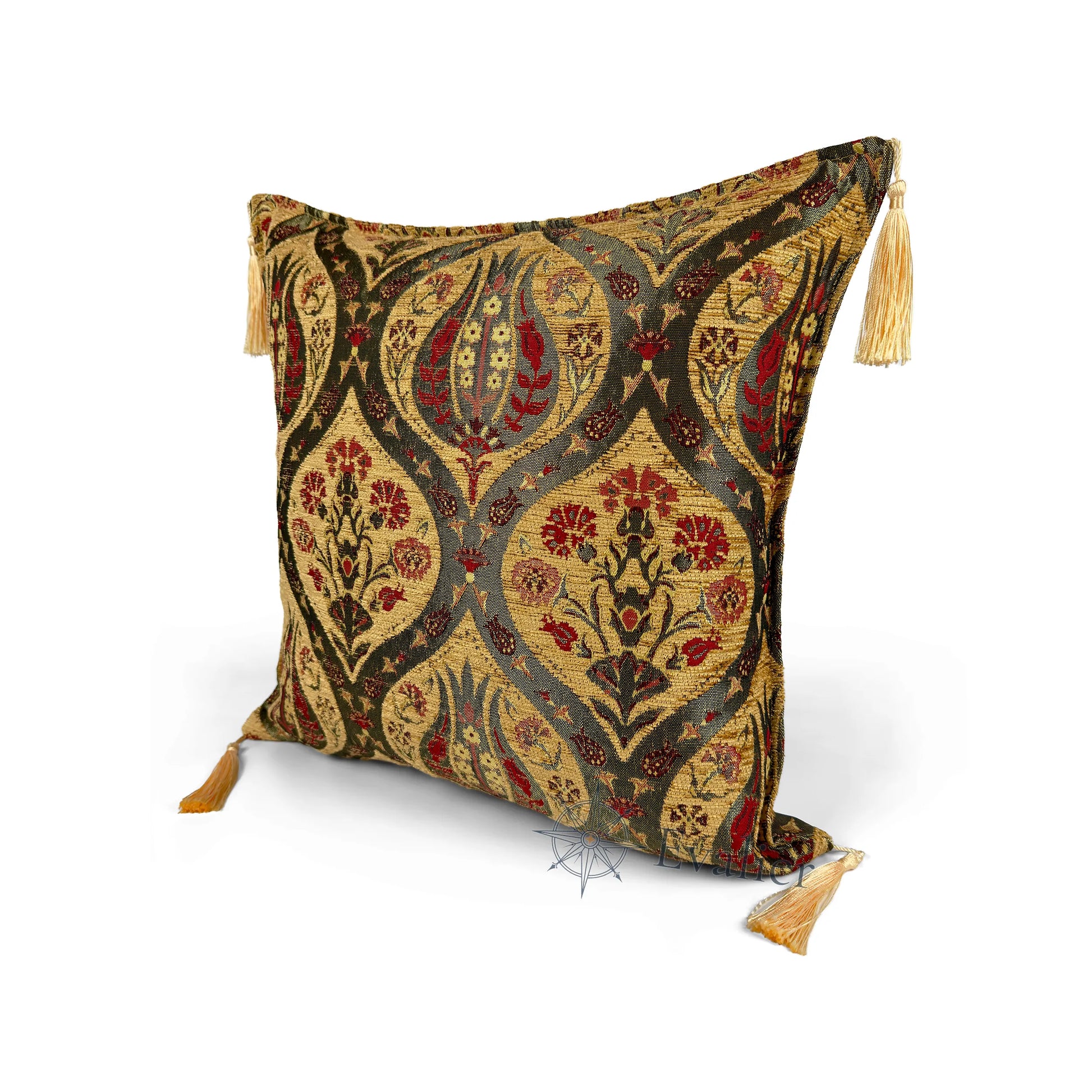 Saffron pillow cover – angled front view, Royal Garden woven decorative cushion cover highlighting the ornamental motif, textured fabric, and elegant corner tassels (45 × 45 cm / 18 × 18 in)