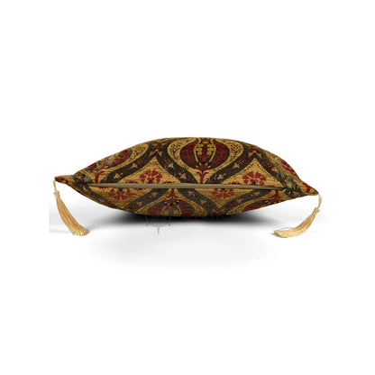 Saffron pillow cover – side profile with hidden zipper, Royal Garden woven decorative cushion cover showing closure detail, tailored construction, and corner tassels (45 × 45 cm / 18 × 18 in)