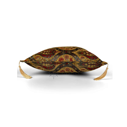 Saffron pillow cover – side profile view, Royal Garden woven decorative cushion cover showing thickness, structured silhouette, and refined shape (45 × 45 cm / 18 × 18 in)