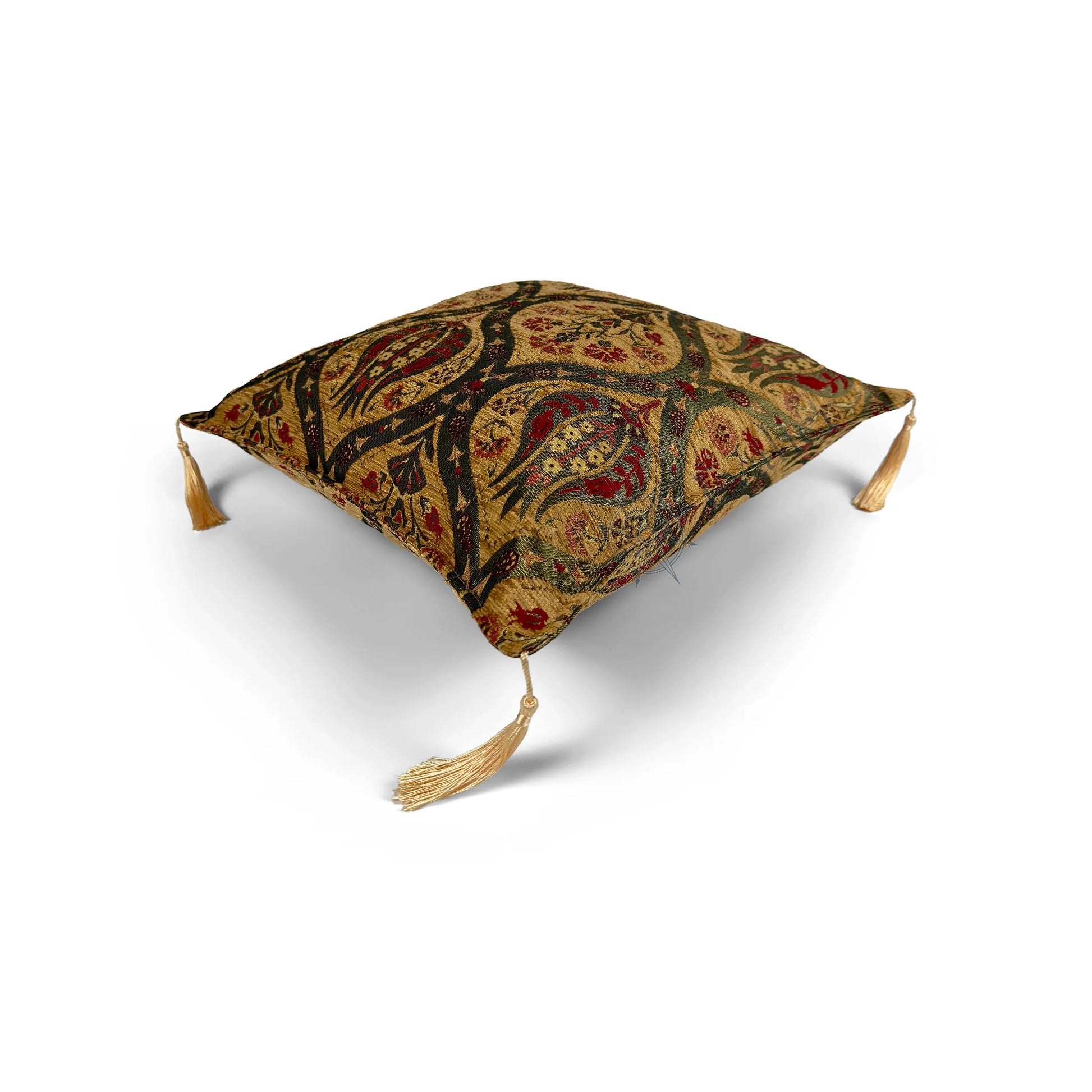 Saffron pillow cover – top angled view, Royal Garden woven decorative cushion cover showing overall shape, dimensional form, and ornamental woven design (45 × 45 cm / 18 × 18 in)