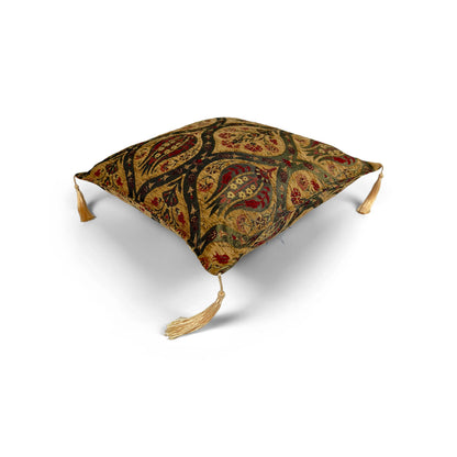 Saffron pillow cover – top angled view, Royal Garden woven decorative cushion cover showing overall shape, dimensional form, and ornamental woven design (45 × 45 cm / 18 × 18 in)