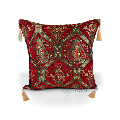Scarlet pillow cover – front view, Royal Garden woven decorative cushion cover with ornamental motif and corner tassels (45 × 45 cm / 18 × 18 in)