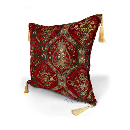 Scarlet pillow cover – angled front view, Royal Garden woven decorative cushion cover highlighting the ornamental motif, textured fabric, and elegant corner tassels (45 × 45 cm / 18 × 18 in)