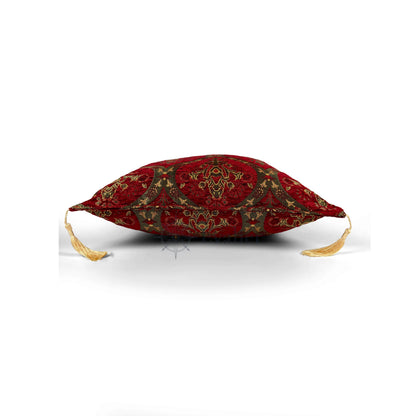 Scarlet pillow cover – side profile view, Royal Garden woven decorative cushion cover showing thickness, structured silhouette, and refined shape (45 × 45 cm / 18 × 18 in)