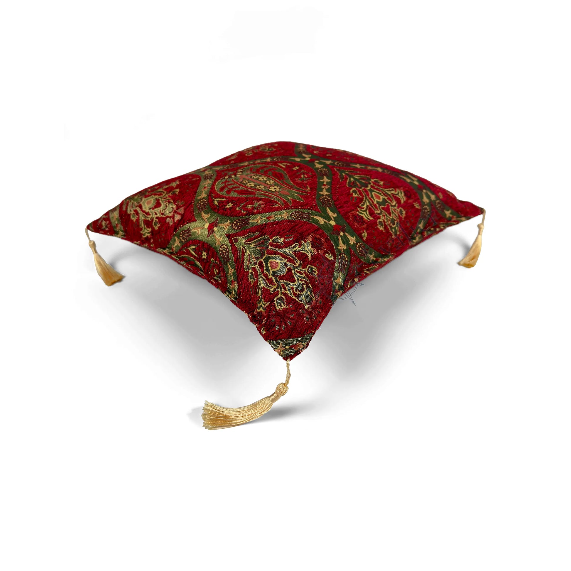 Scarlet pillow cover – top angled view, Royal Garden woven decorative cushion cover showing overall shape, dimensional form, and ornamental woven design (45 × 45 cm / 18 × 18 in)