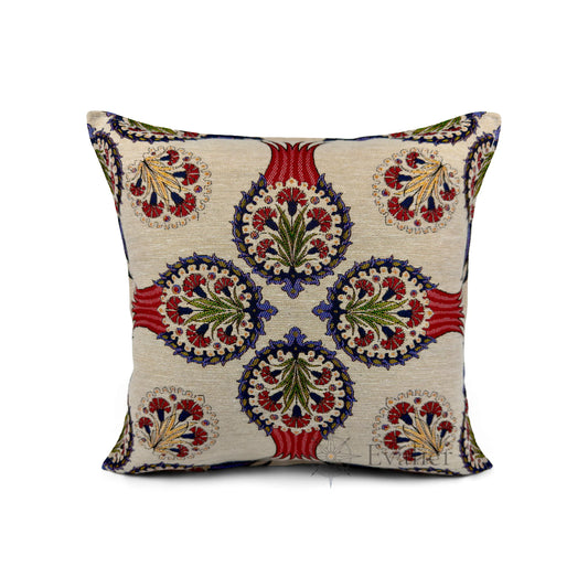 Evalier Ruby Pavilion pillow cover – front view, luxury gobelin tapestry cushion cover featuring bold red tones and ornate floral motif for statement home decor (45 × 45 cm / 18 × 18 in)