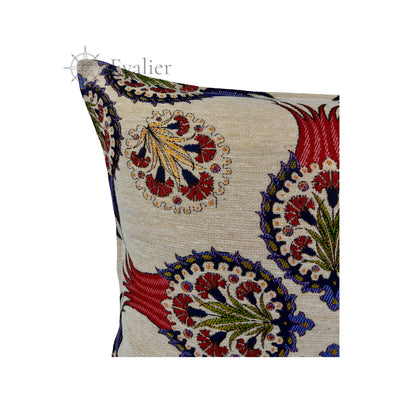 Evalier Ruby Pavilion pillow cover – close-up detail, gobelin fabric showcasing deep red hues and intricate woven craftsmanship (45 × 45 cm / 18 × 18 in)