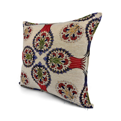 Evalier Ruby Pavilion pillow cover – angled front view, premium woven decorative pillow highlighting rich color contrast and detailed floral composition (45 × 45 cm / 18 × 18 in)