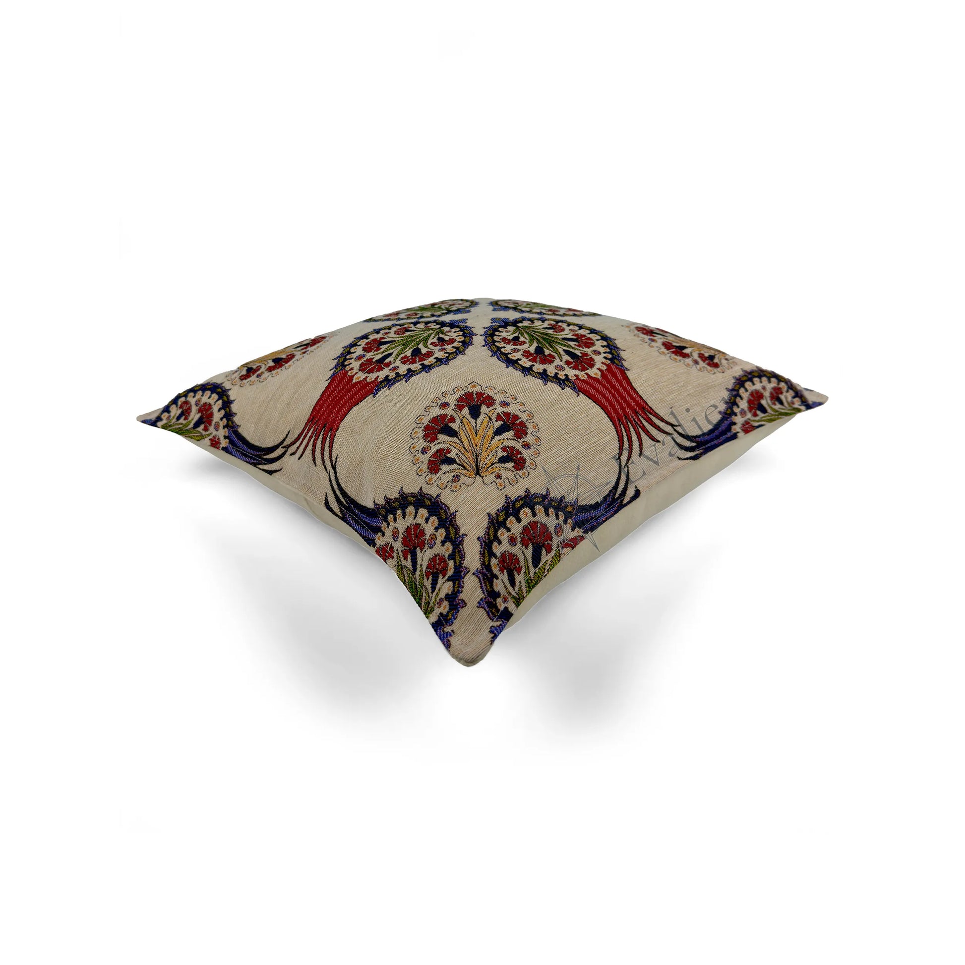 Evalier Ruby Pavilion pillow cover – top angled view, decorative pillow emphasizing vibrant color depth and dimensional form (45 × 45 cm / 18 × 18 in)
