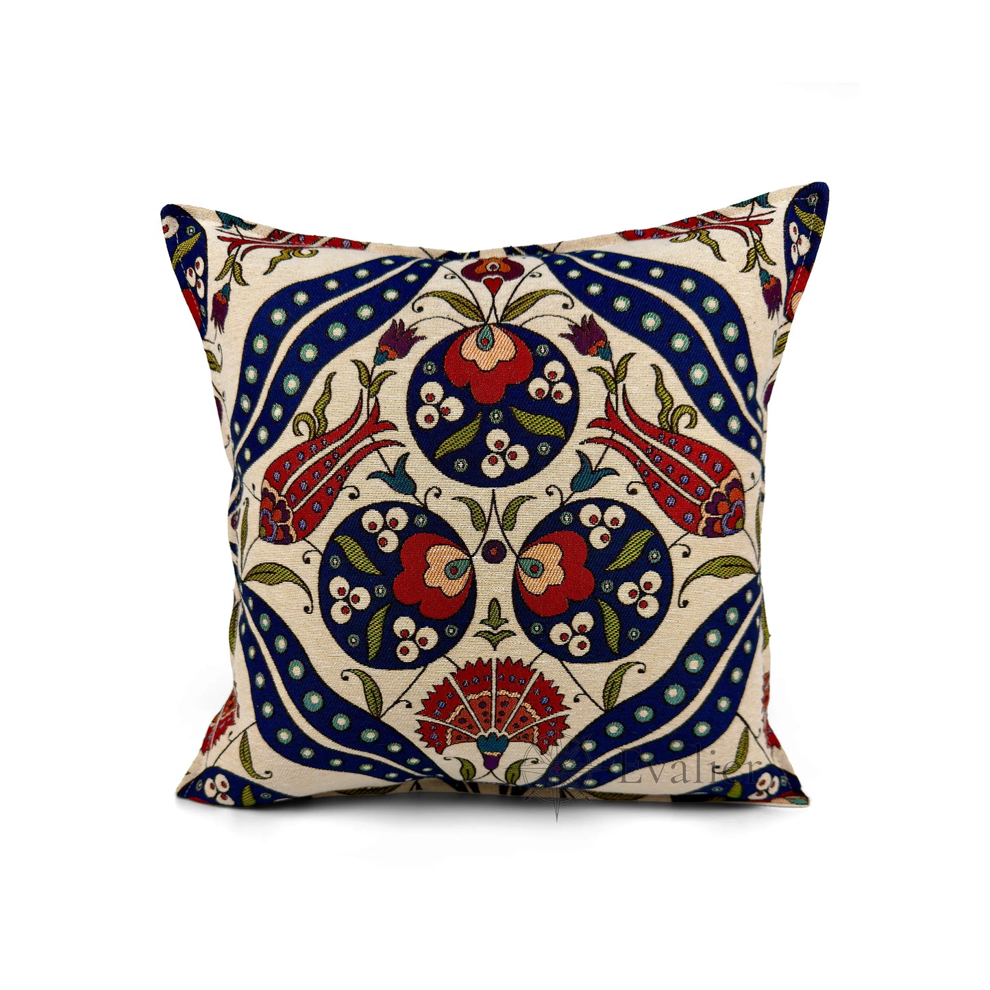 Evalier Palace Bloom pillow cover – front view, luxury gobelin tapestry cushion cover featuring ornate floral motif and elegant symmetrical design for refined home decor (45 × 45 cm / 18 × 18 in)