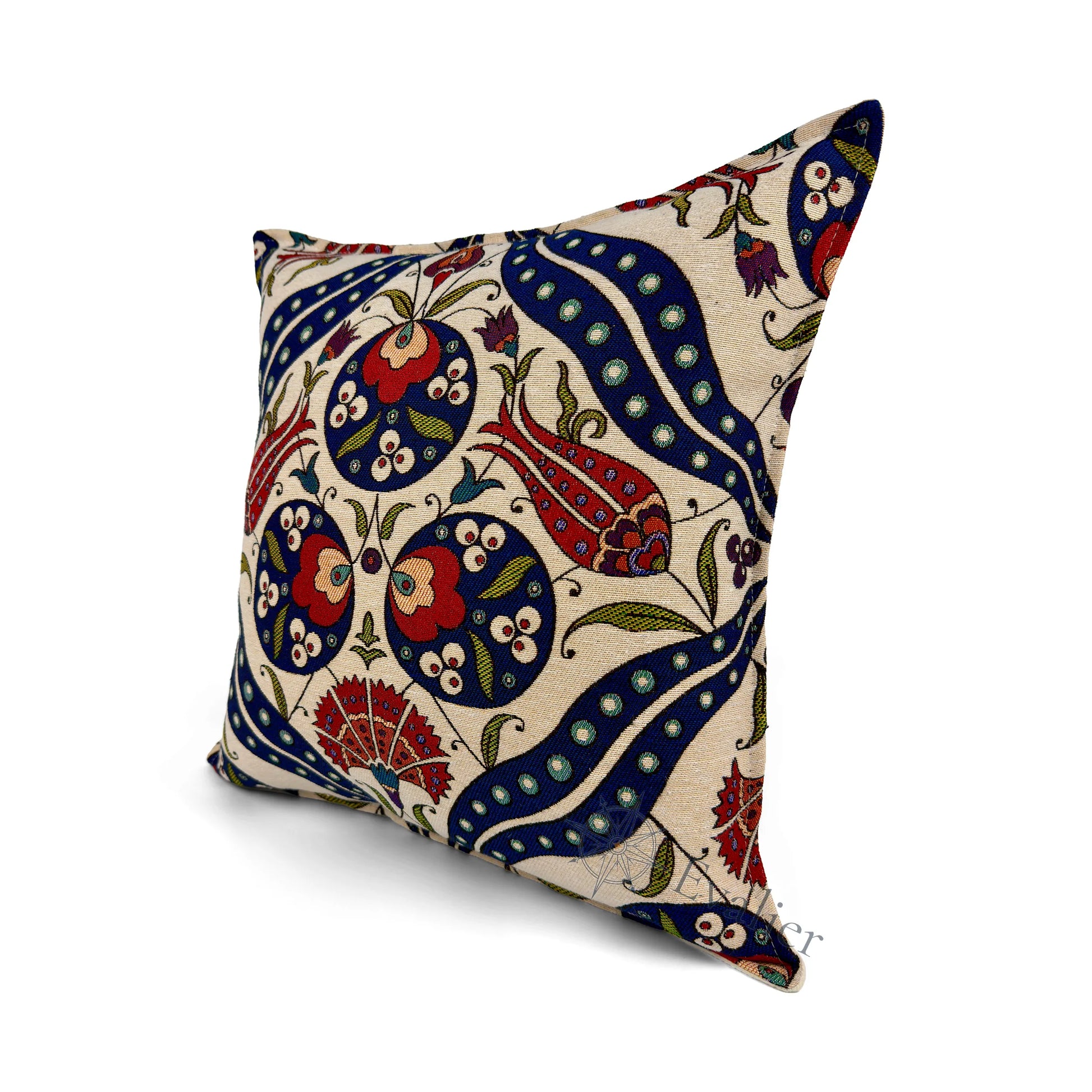 Evalier Palace Bloom pillow cover – angled front view, premium woven decorative pillow highlighting intricate floral composition and balanced structure (45 × 45 cm / 18 × 18 in)