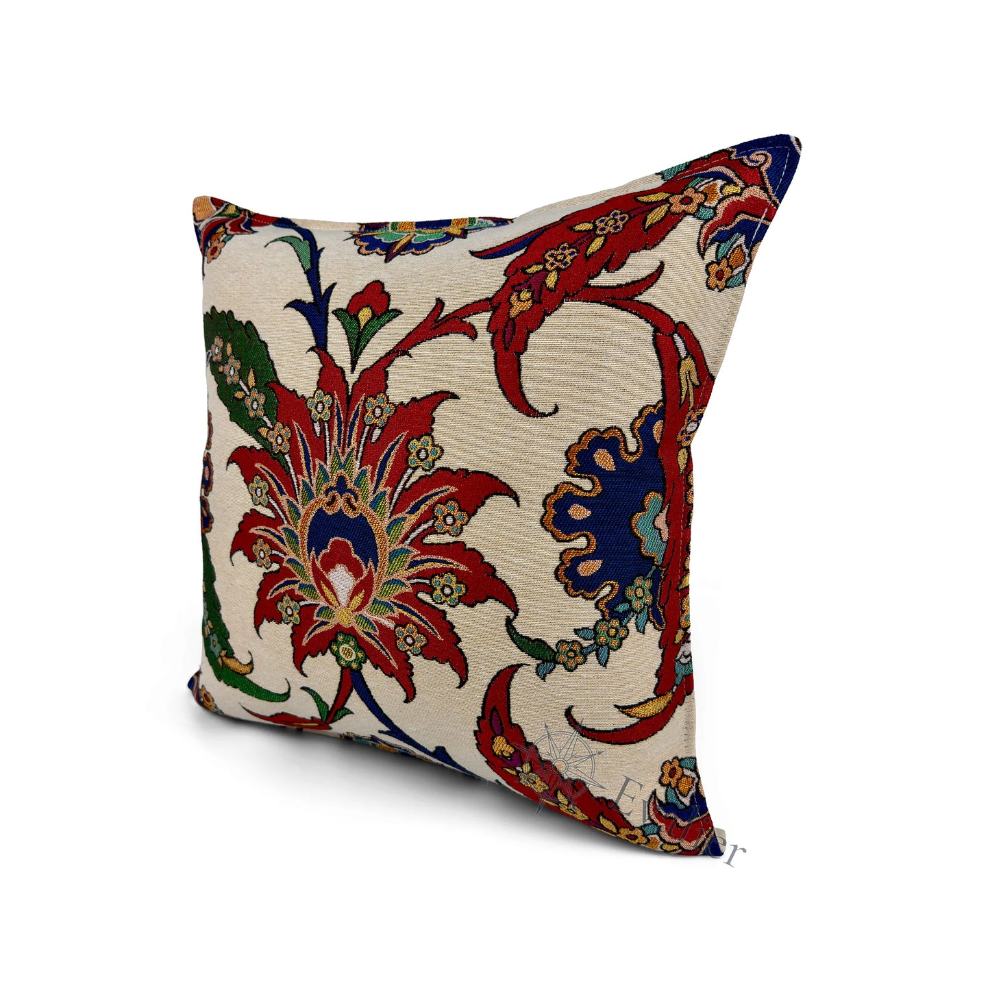 Evalier Palace Garden pillow cover – angled front view, premium woven decorative pillow highlighting balanced floral composition and elegant detailing (45 × 45 cm / 18 × 18 in)