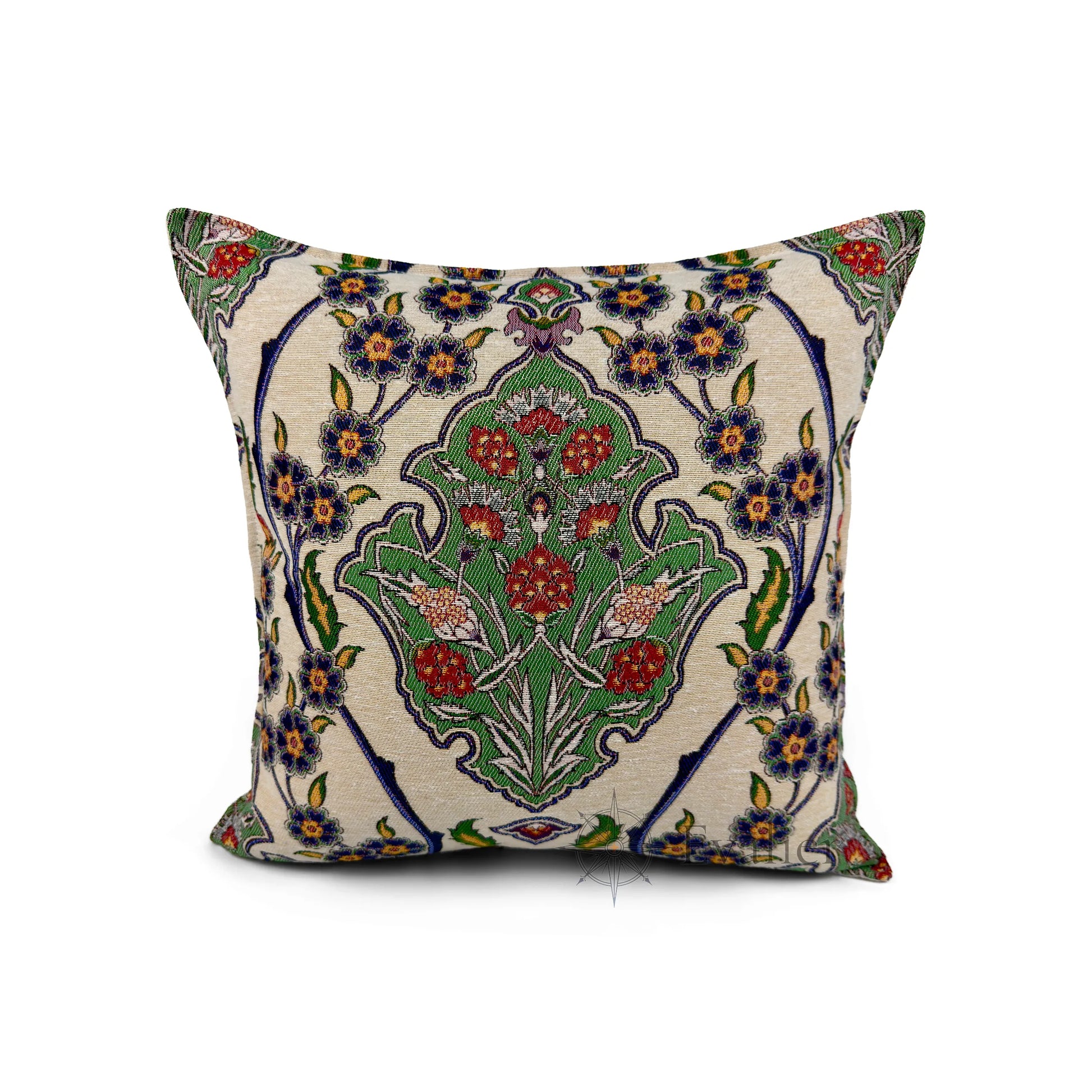 Evalier Emerald Garden pillow cover – front view, luxury gobelin floral cushion cover featuring rich green tones and botanical motif (45 × 45 cm / 18 × 18 in)