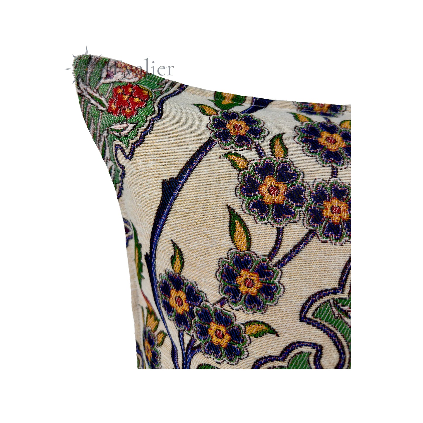 Evalier Emerald Garden pillow cover – close-up detail, gobelin fabric showcasing intricate botanical weaving (45 × 45 cm / 18 × 18 in)
