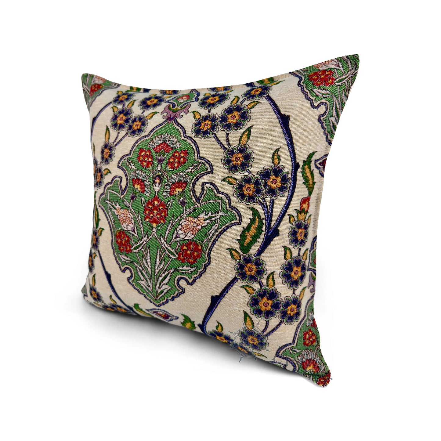 Evalier Emerald Garden pillow cover – angled front view, premium woven pillow highlighting lush green palette and floral detail (45 × 45 cm / 18 × 18 in)
